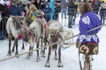 Local aborigines - Khanty, ride children on a reindeer sleigh of three deer, sleigh, winter, Ã¢â¬ÅSeeing off winterÃ¢â¬Â festival